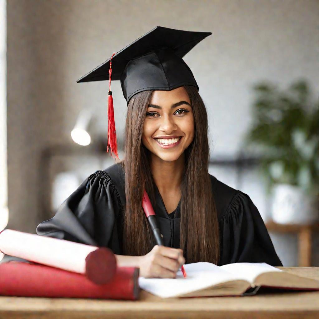Девушка-студентка с красным дипломом в руках.