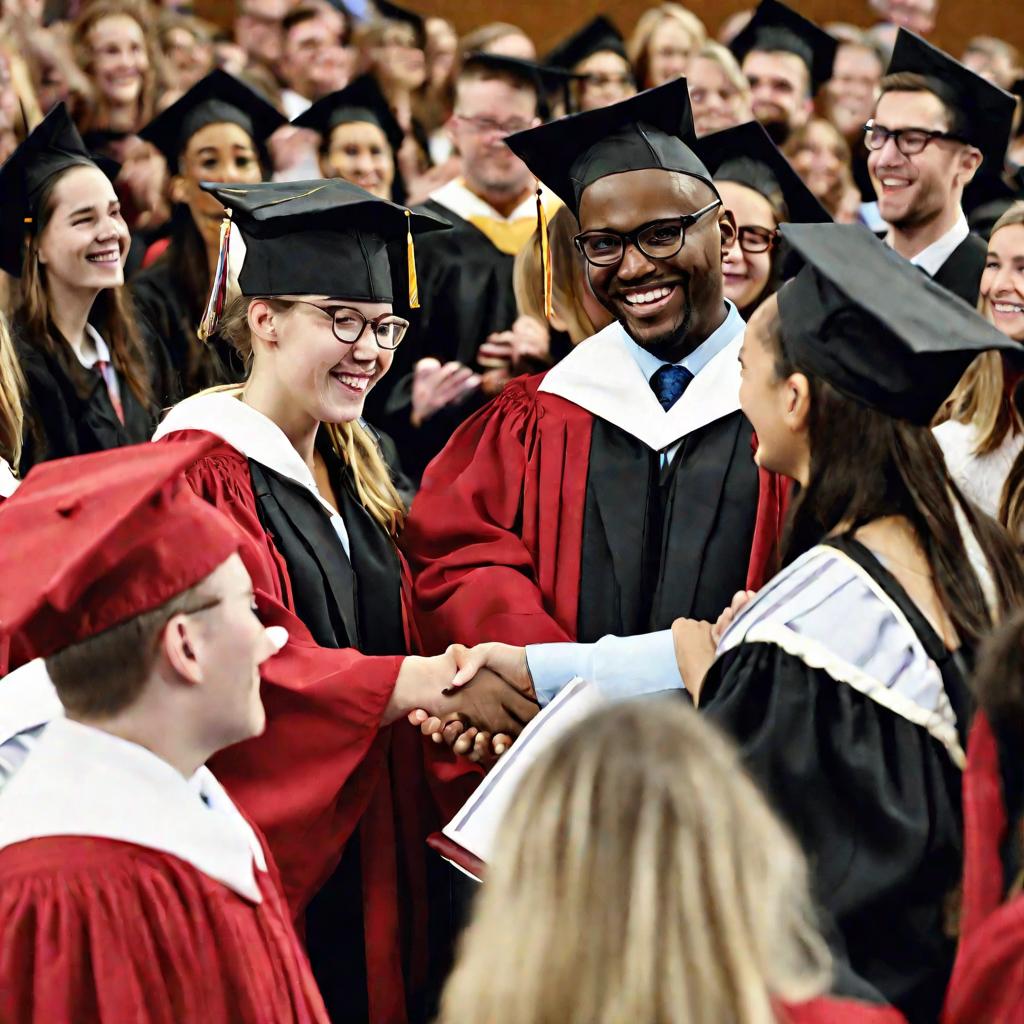 Студенты с красными дипломами поздравляют профессоров.