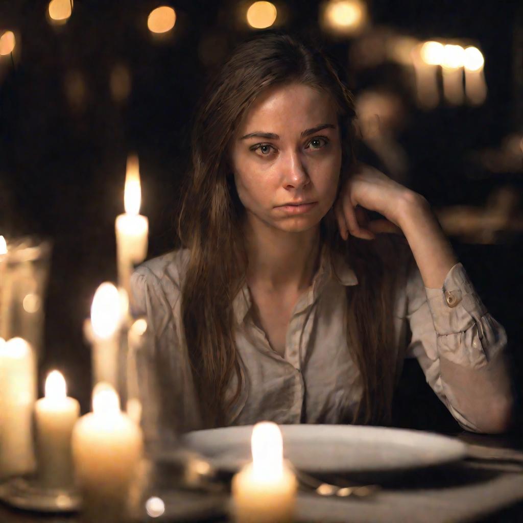Девушка ждет ужин при свечах в пустом ресторане