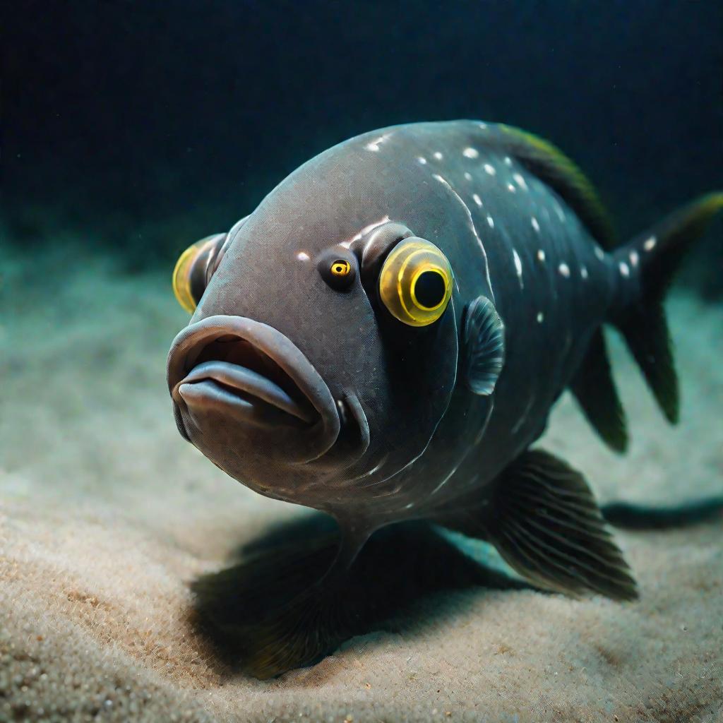 Глубоководная рыба с огромными глазами на песчаном дне