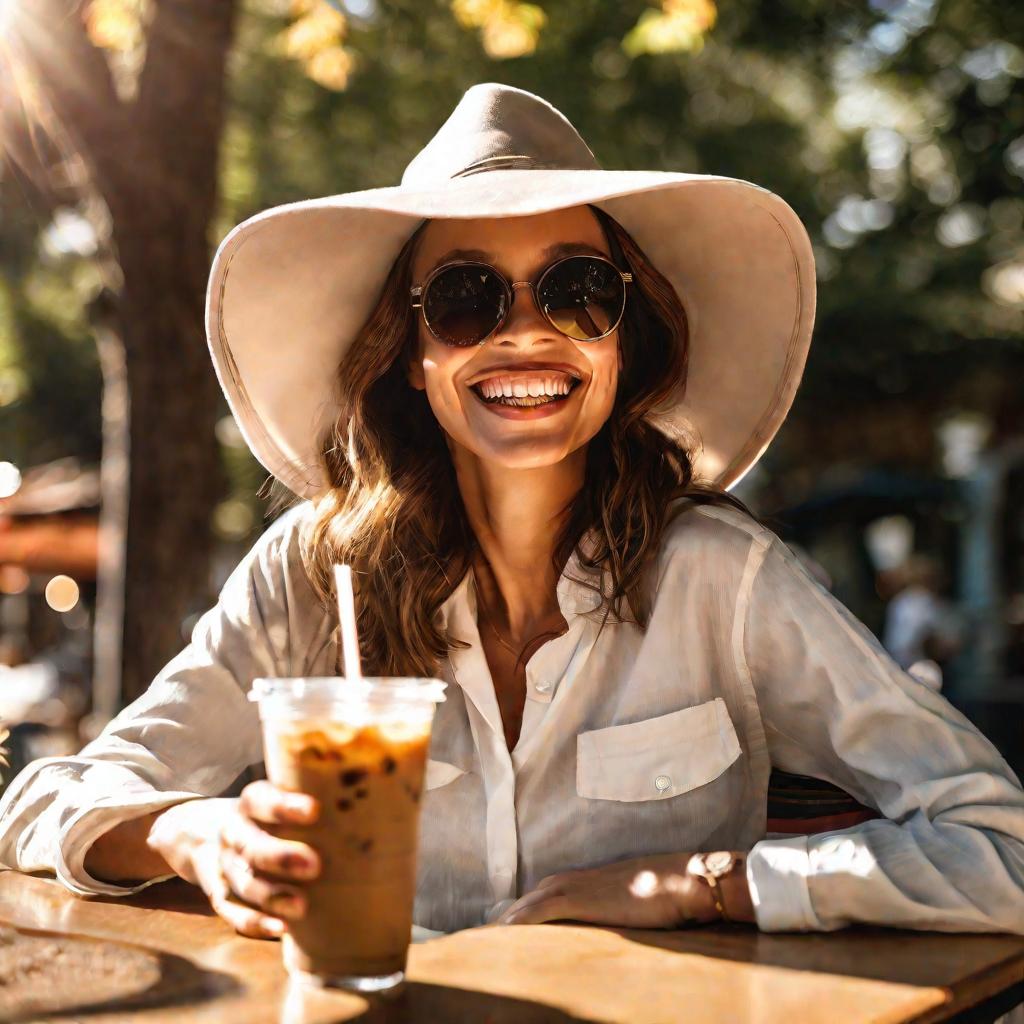 Женщина в защитной одежде пьет кофе