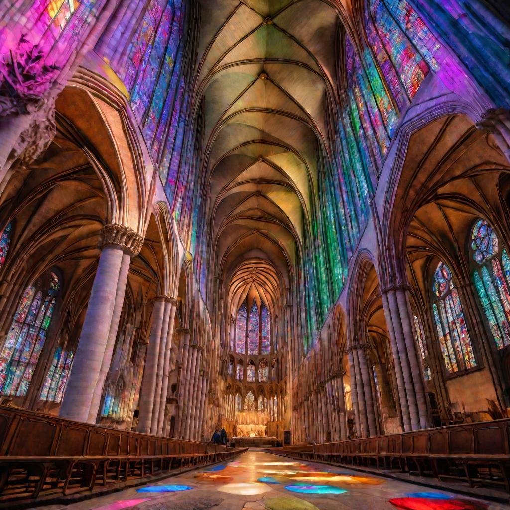 Вид внутреннего пространства собора в лучах цветных витражей