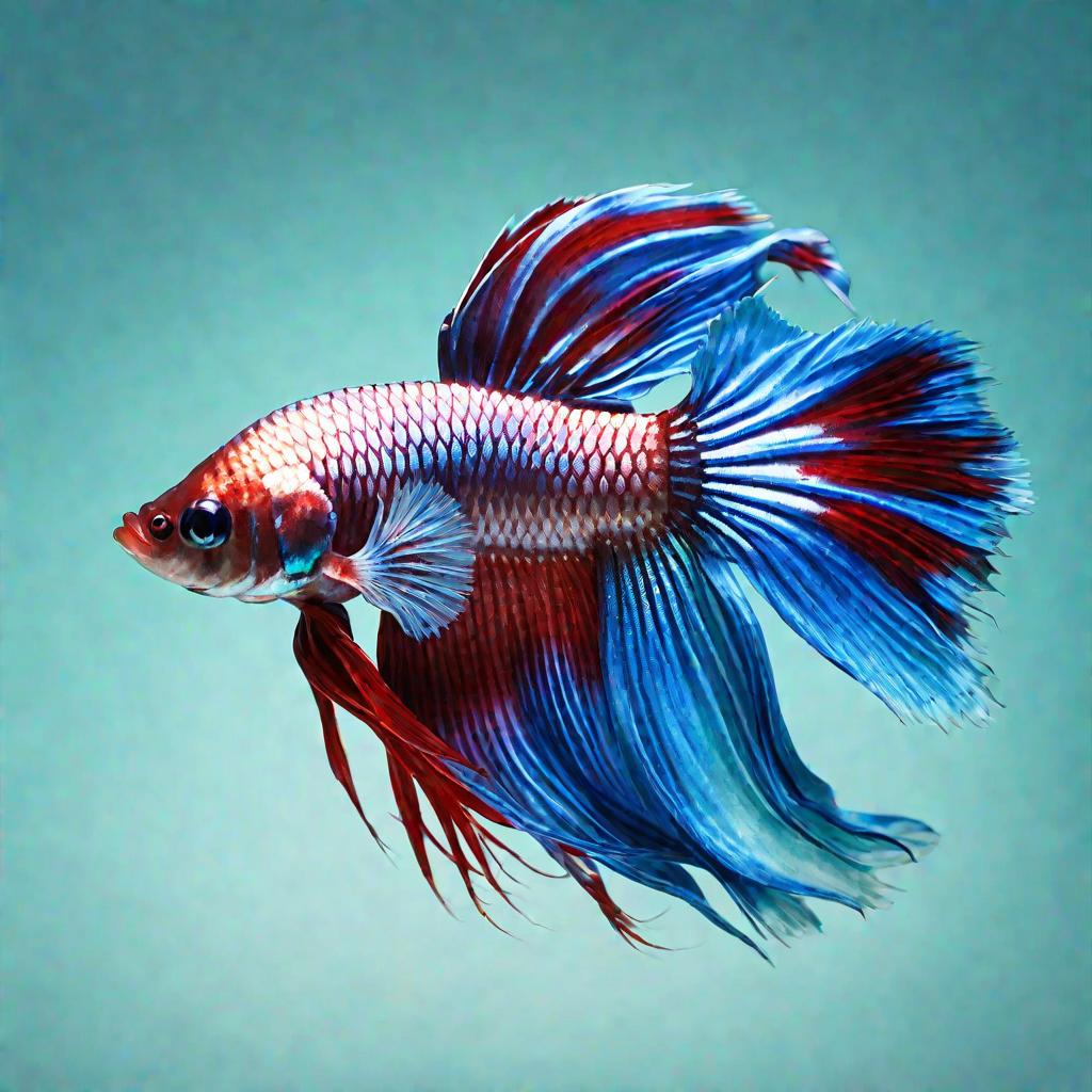 Портрет молодого здорового самца сиамской бойцовой рыбки с длинными плавниками на мягком голубом фоне