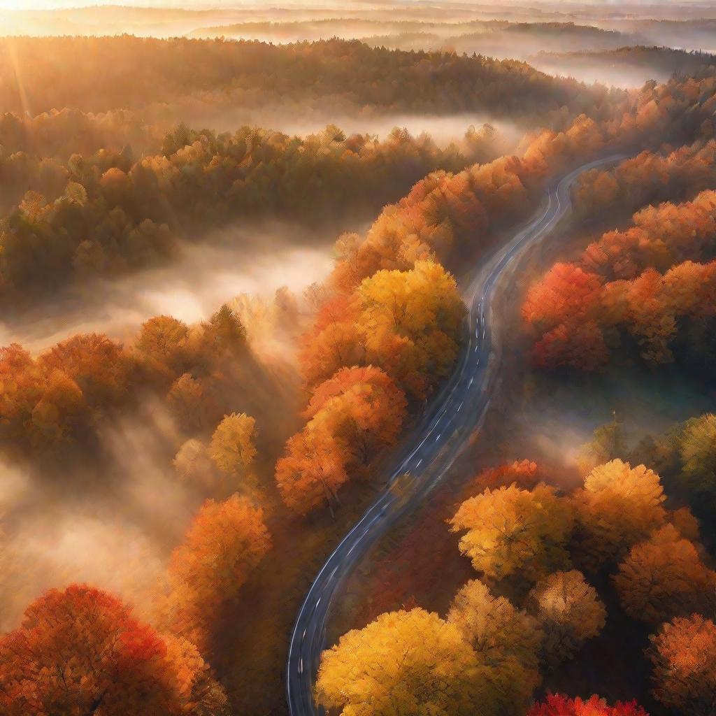 Воздушный кадр загородной дороги через лес осенью в утреннем тумане.