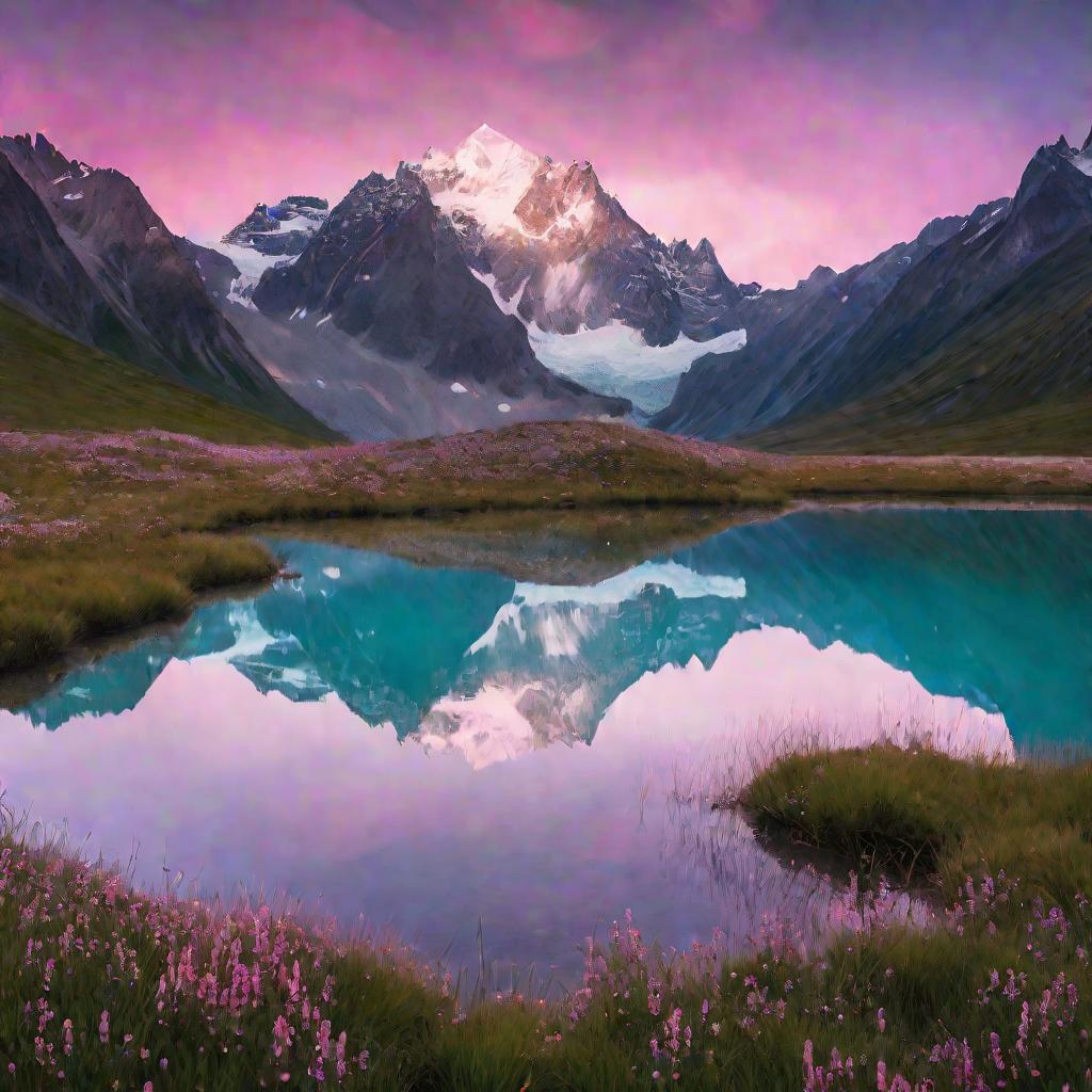На рассвете отражение снежных гор в спокойном гляциальном озере бирюзового цвета