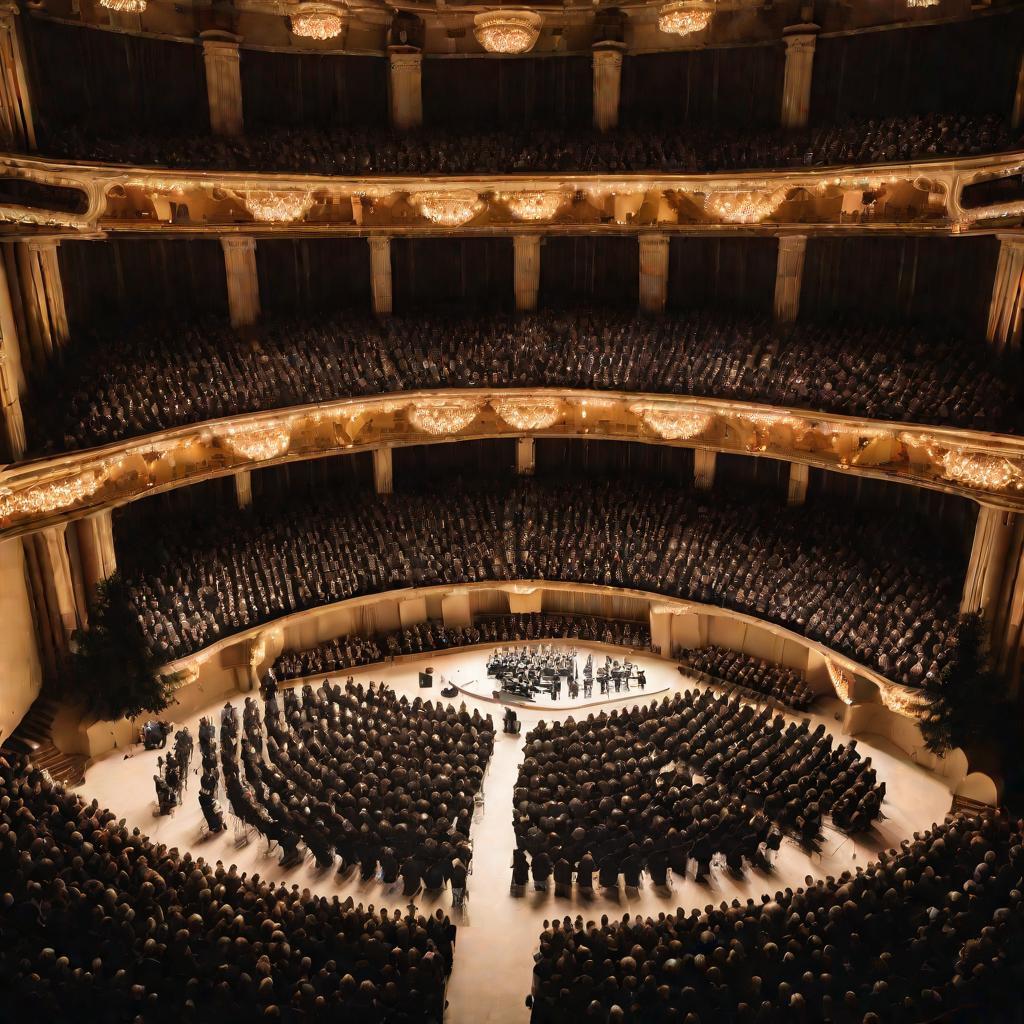 Вид сверху на огромный концертный зал во время исполнения Реквиема Верди. Пространство заполнено огромным оркестром и хором на сцене, освещенными ярким светом софитов. Зрители в элегантных вечерних нарядах сидят, затаив дыхание, внимая величественной драм