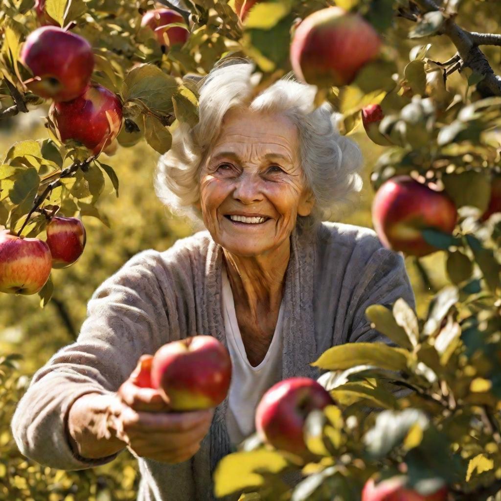 Пожилая женщина собирает яблоки с дерева осенью
