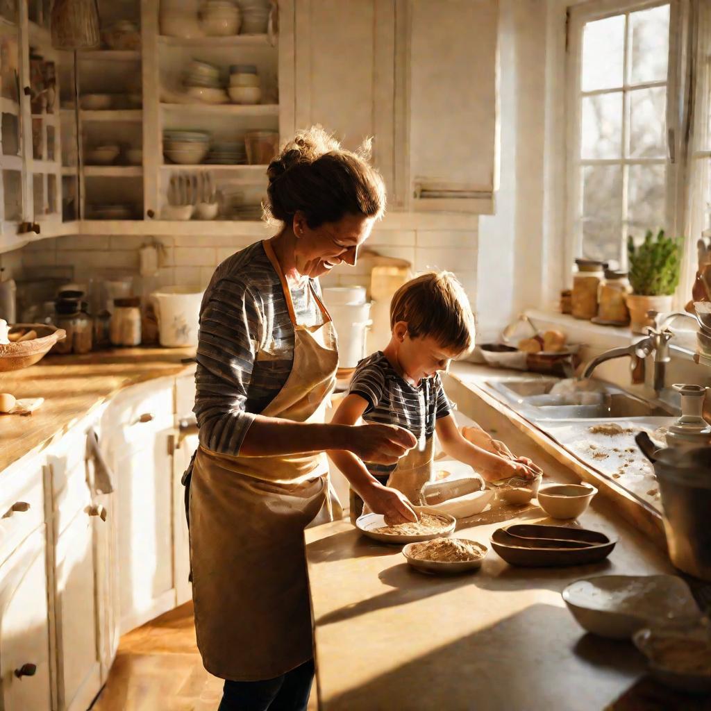 Мама и сын готовят печенье на кухне