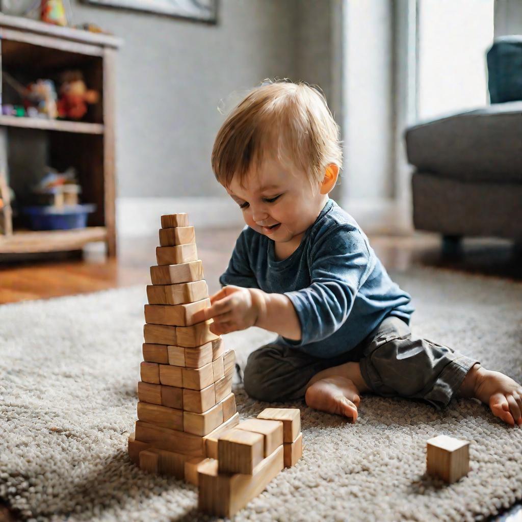 Мальчик играет с деревянными кубиками