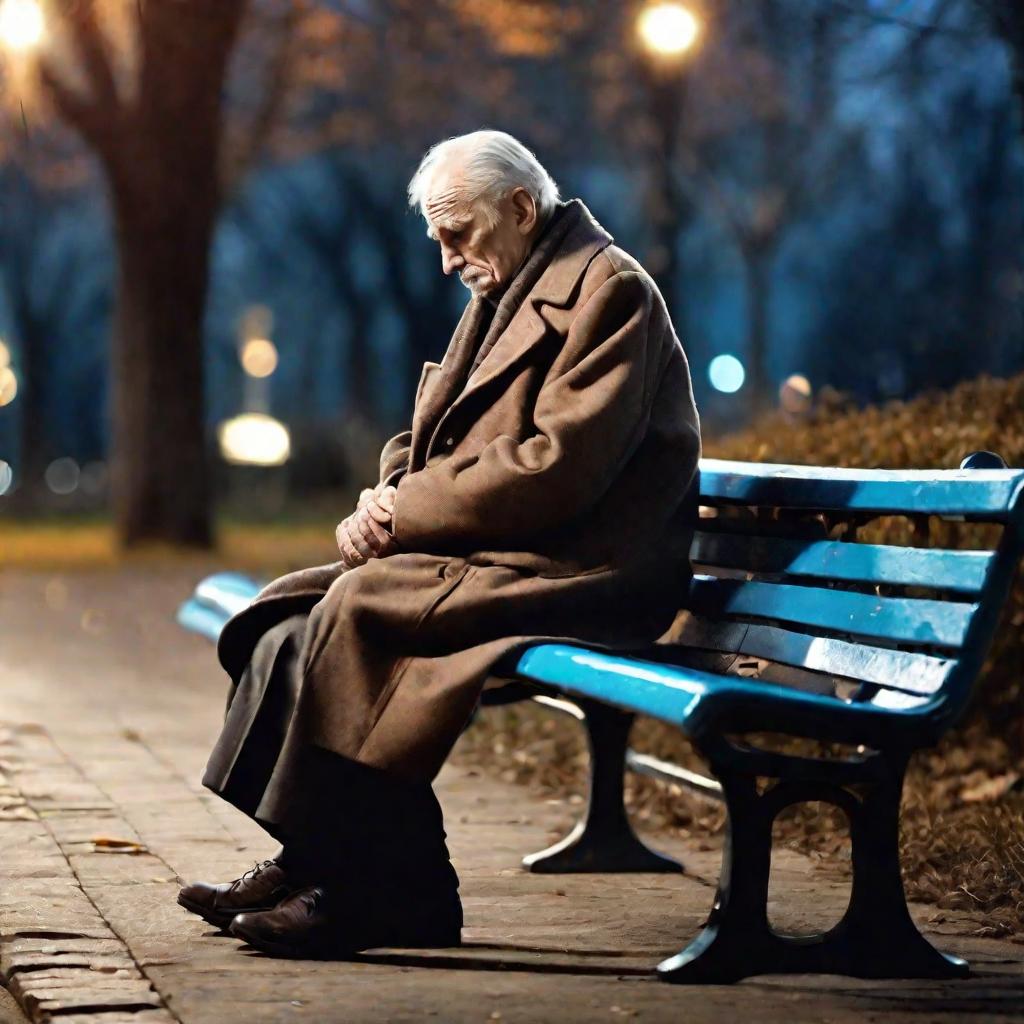 Пожилой мужчина сидит один на скамейке в парке в сумерках