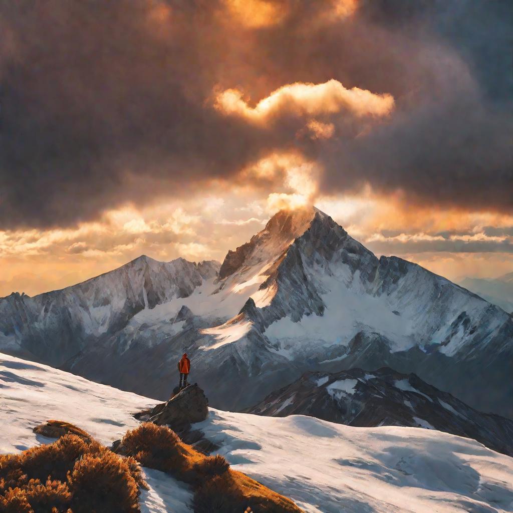Одинокий путешественник на фоне гор вдохновленно смотрит вдаль