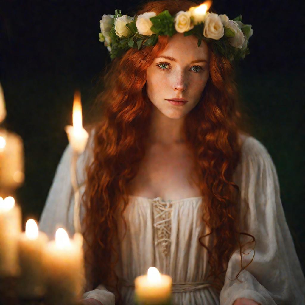 Интимный, тепло освещенный крупный план молодой женщины с длинными волнистыми рыжими волосами, одетой в средневековое белое платье и венок из цветов. Она задумчиво смотрит на зажженную свечу, которую держит в ладонях, ее пламя отражается в зеленых глазах.