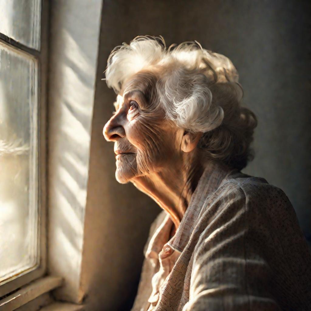 Пожилая женщина задумчиво смотрит в окно.