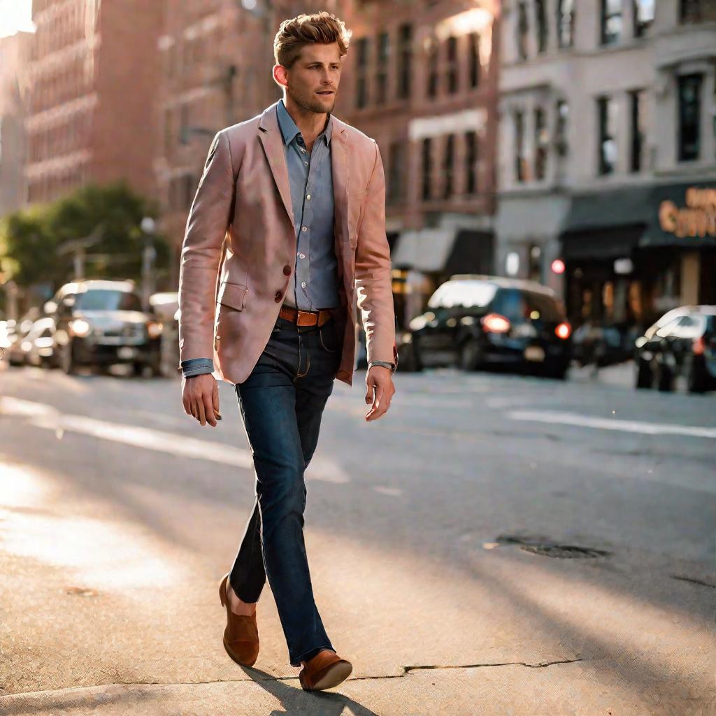 Мужчина идет по тротуару в наряде, состоящем из черных туфель, джинсов, коричневого ремня и серого шерстяного блейзера поверх розовой сорочки