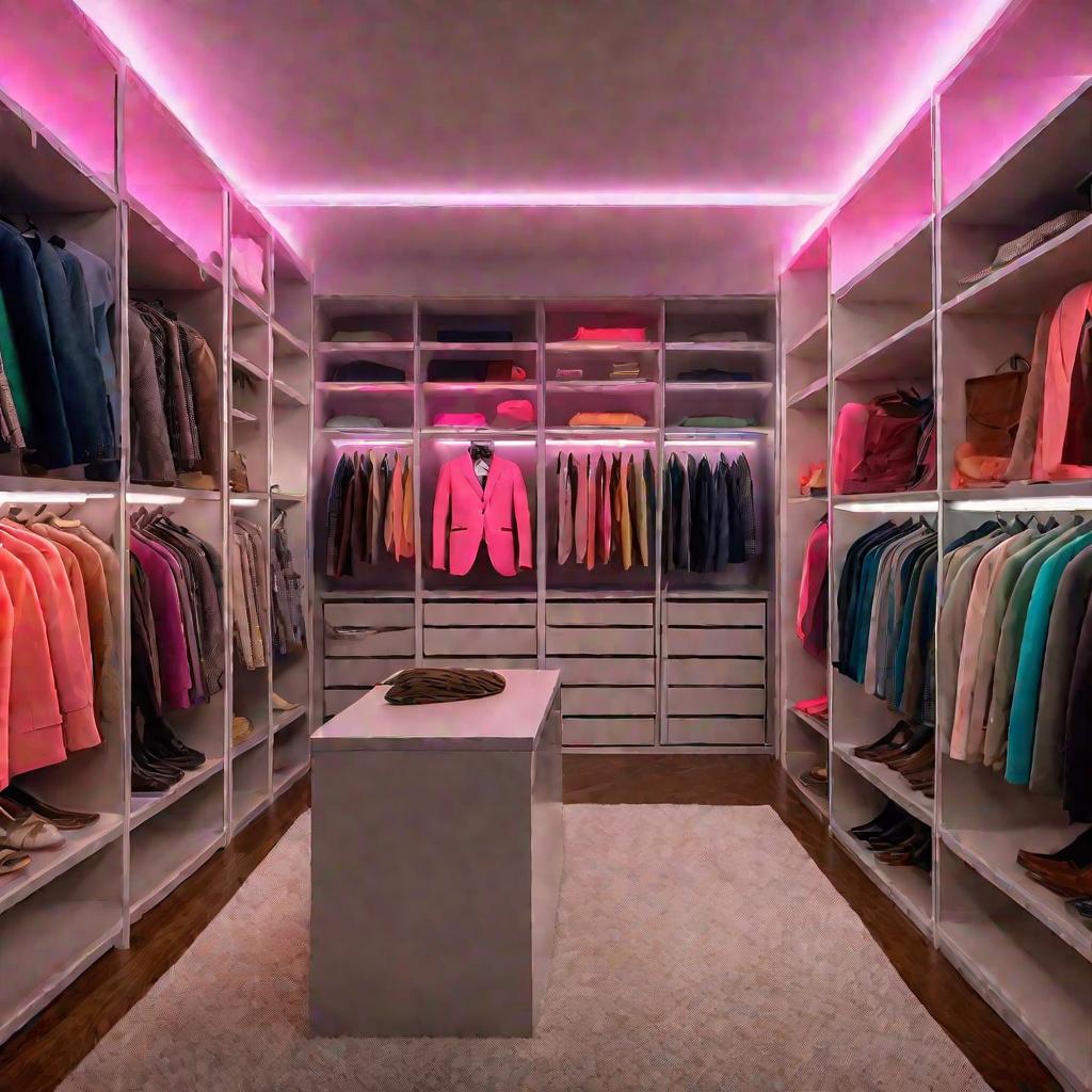 Интерьер освещенного шкафа-гардероба с вешалками для пиджаков, с разноцветными висящими клубными пиджаками