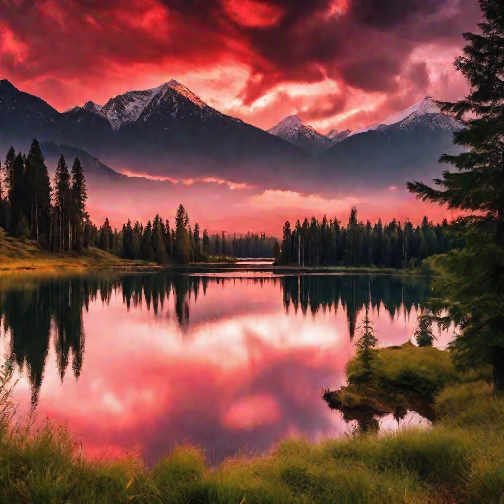 Пейзаж закатом над озером