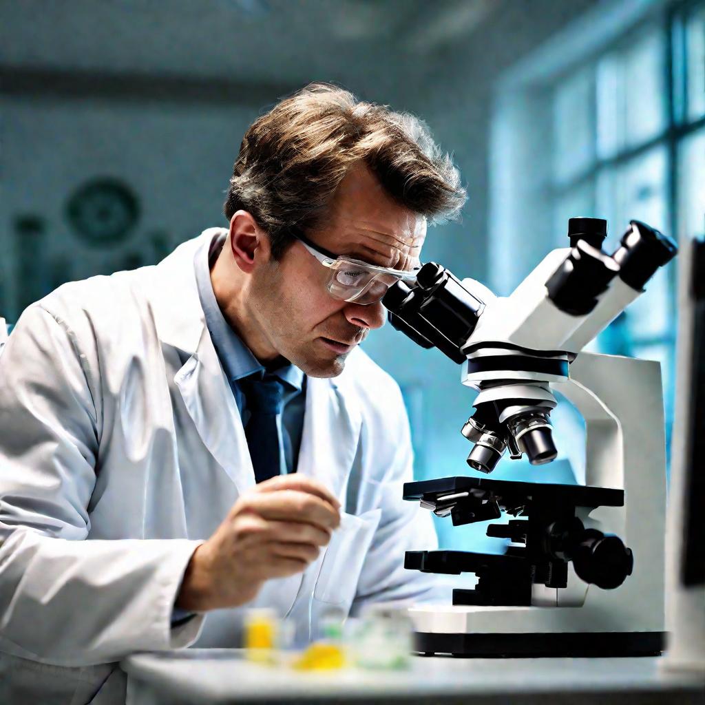 Ученый в халате изучает образец под микроскопом