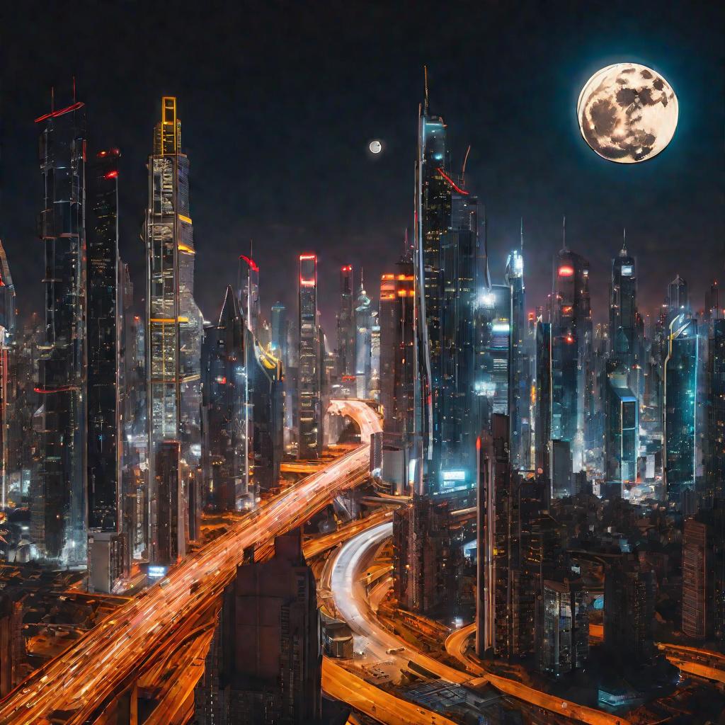 Футуристический ночной город с небоскребами и неоновыми огнями