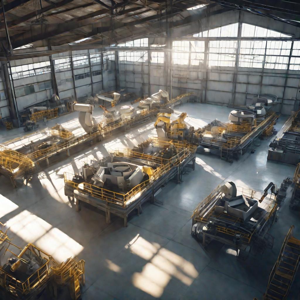 Современный завод с конвейерами и роботами