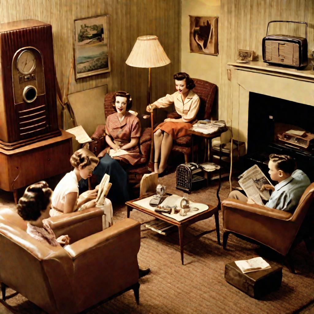 Семья слушает радио в гостиной