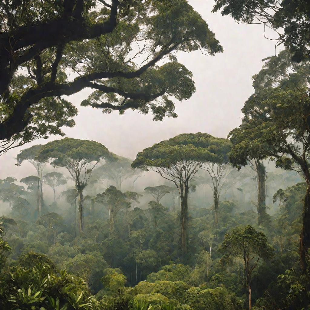 Панорама тропического леса Бразилии с прорехой от вырубки деревьев на заднем плане