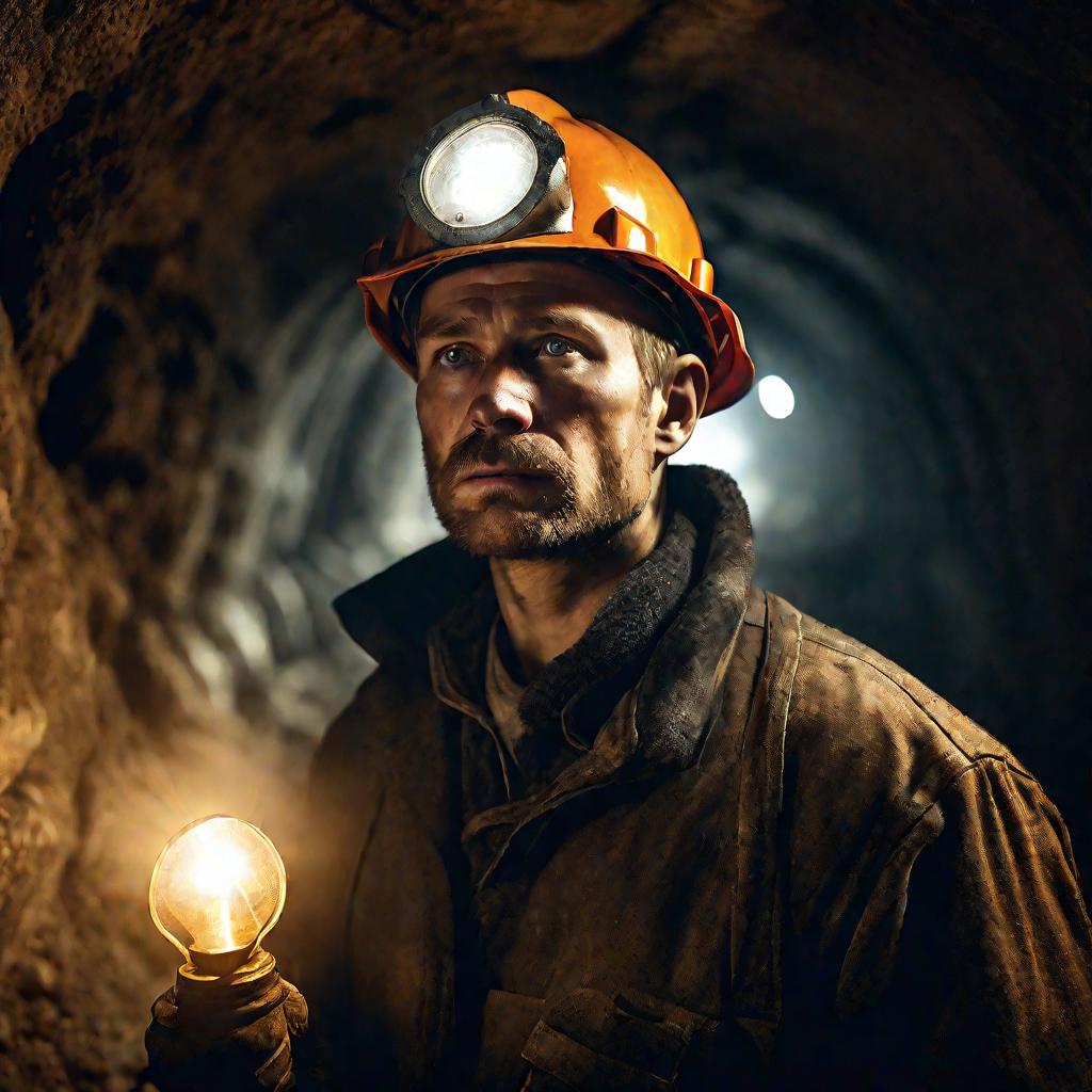Портрет шахтера в подземной шахте.