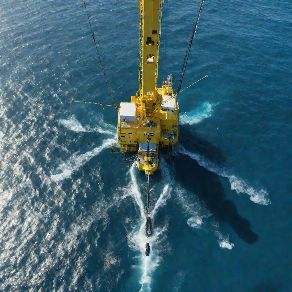 Научно-исследовательское судно опускает гидроакустическое оборудование в тропические воды океана.