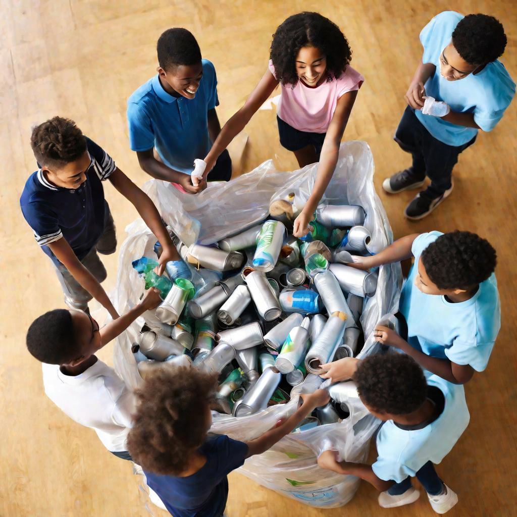 Счастливые школьники сортируют мусор для переработки
