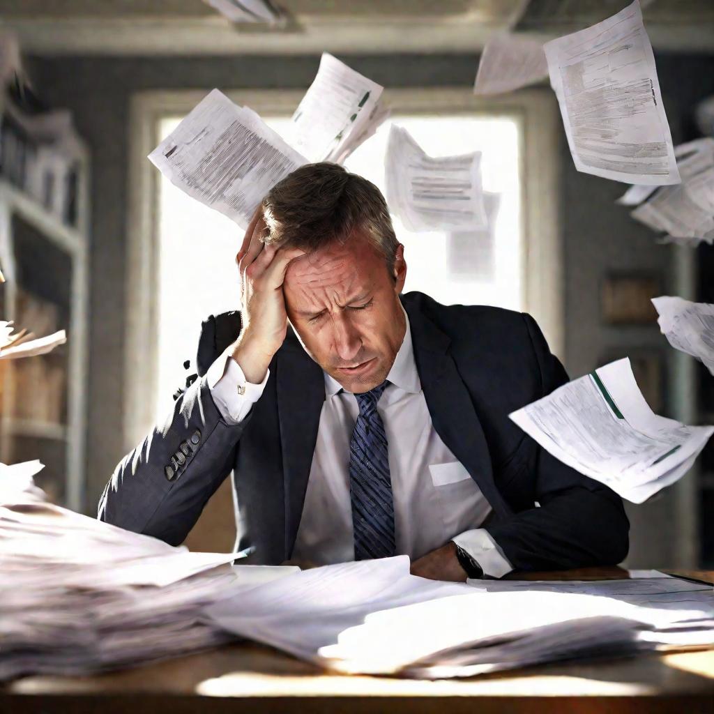 Человек за рабочим столом, заваленным налоговыми документами