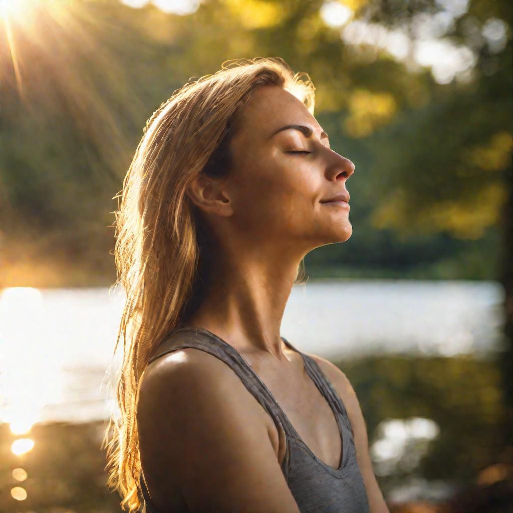 Женщина медитирует у озера на солнце.