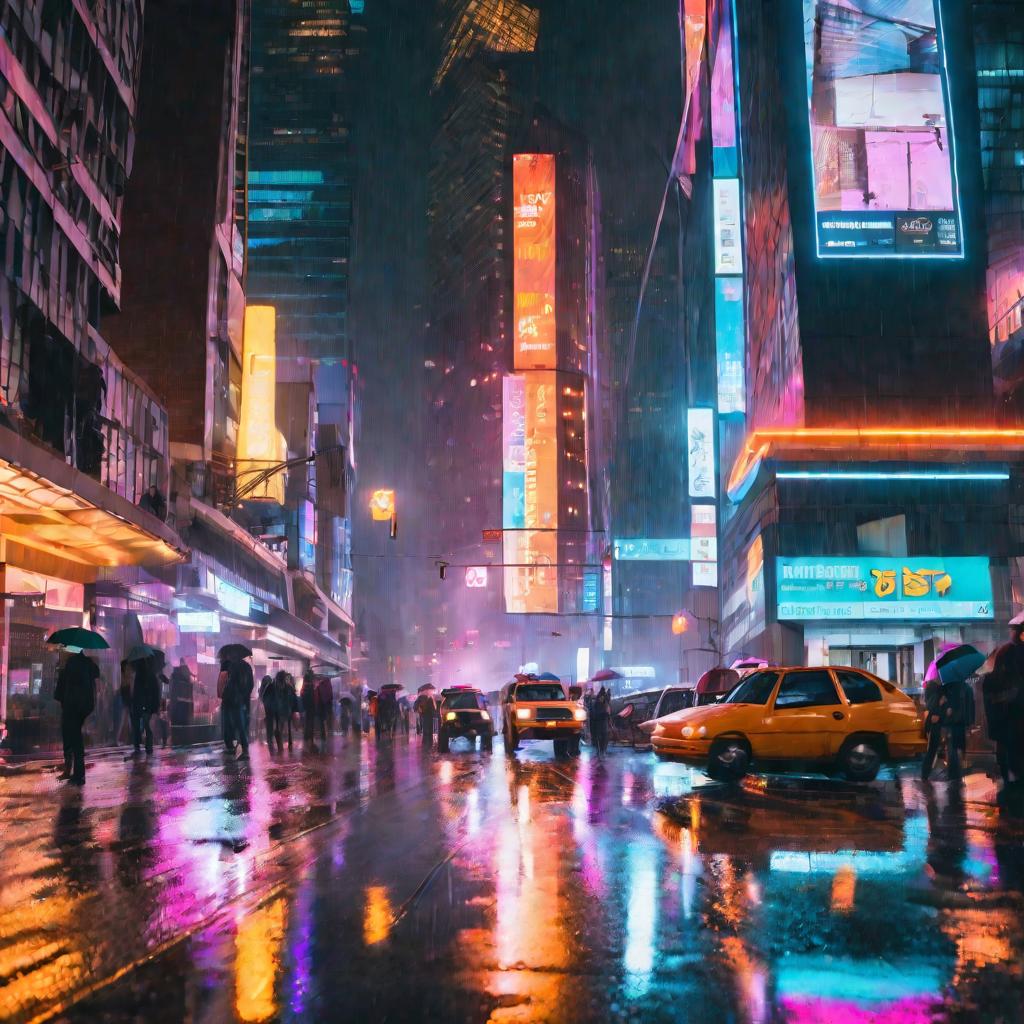 Вечерний дождливый город с неоновыми огнями.