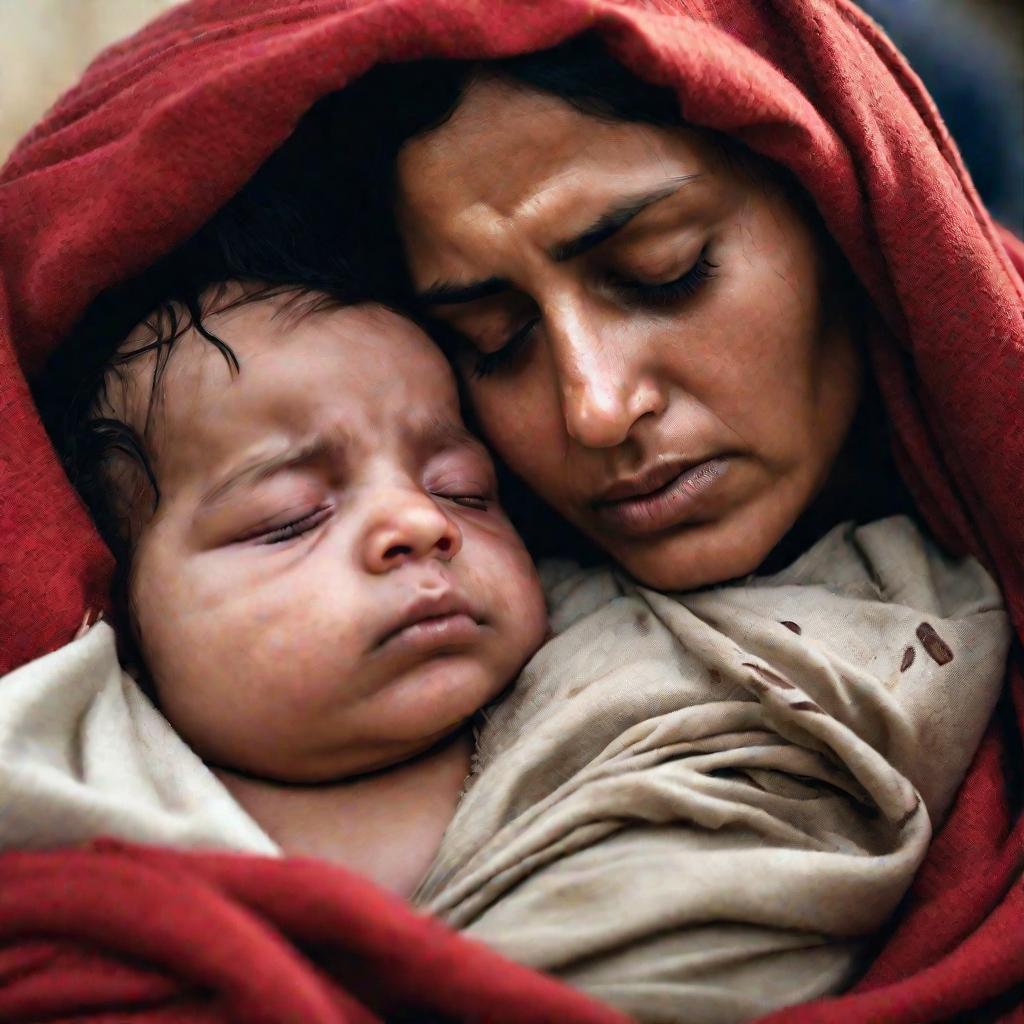 Портрет уставшей мигрантки с ребенком