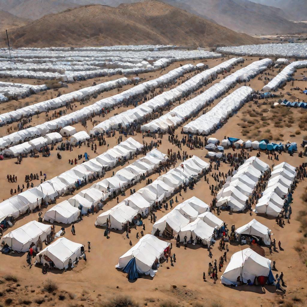 Лагерь беженцев на фоне моря