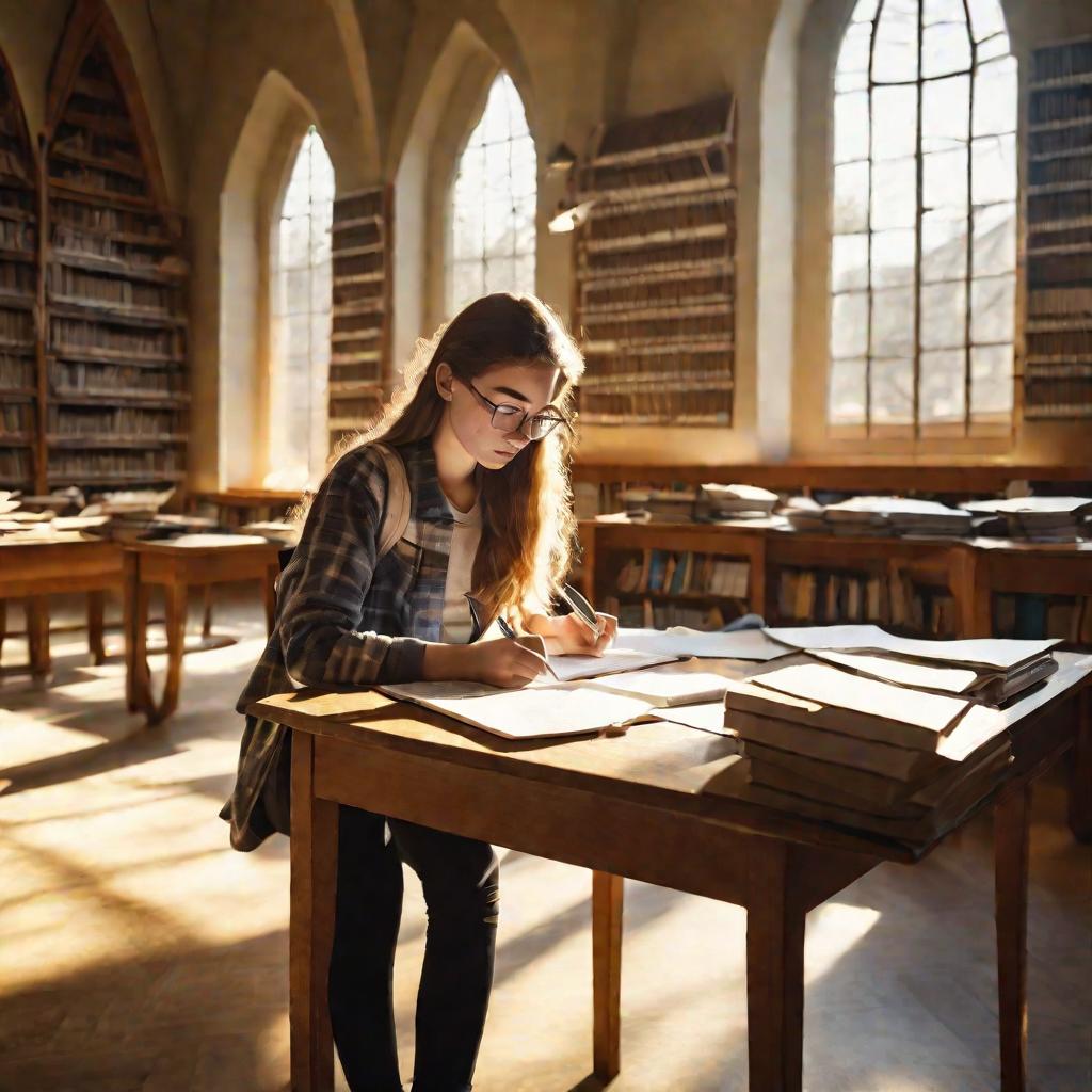 Старшеклассница за столом, заваленным книгами, вычисляет характеристики треугольника в тихой библиотеке в лучах послеобеденного солнца из высоких арочных окон