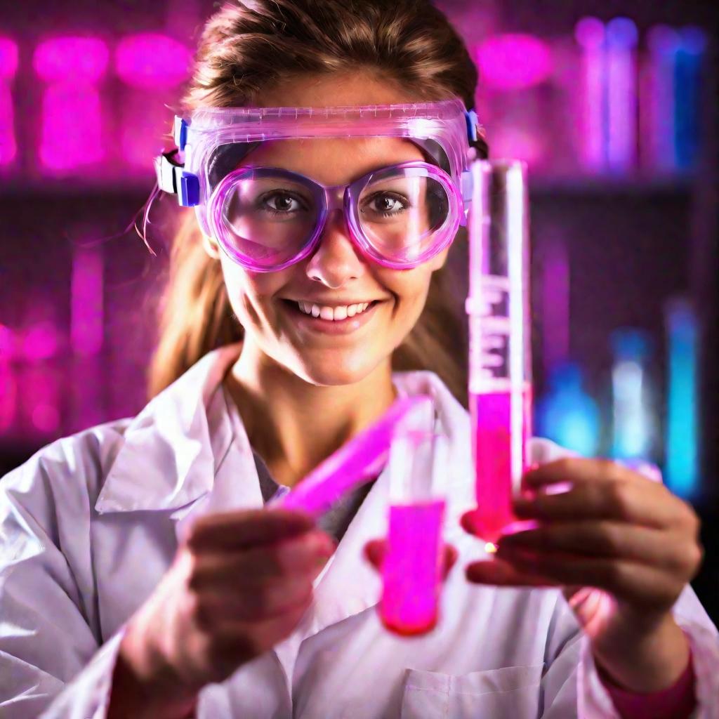 Улыбающийся химик держит пробирку с розовой люминесцирующей жидкостью — эксперимент удался