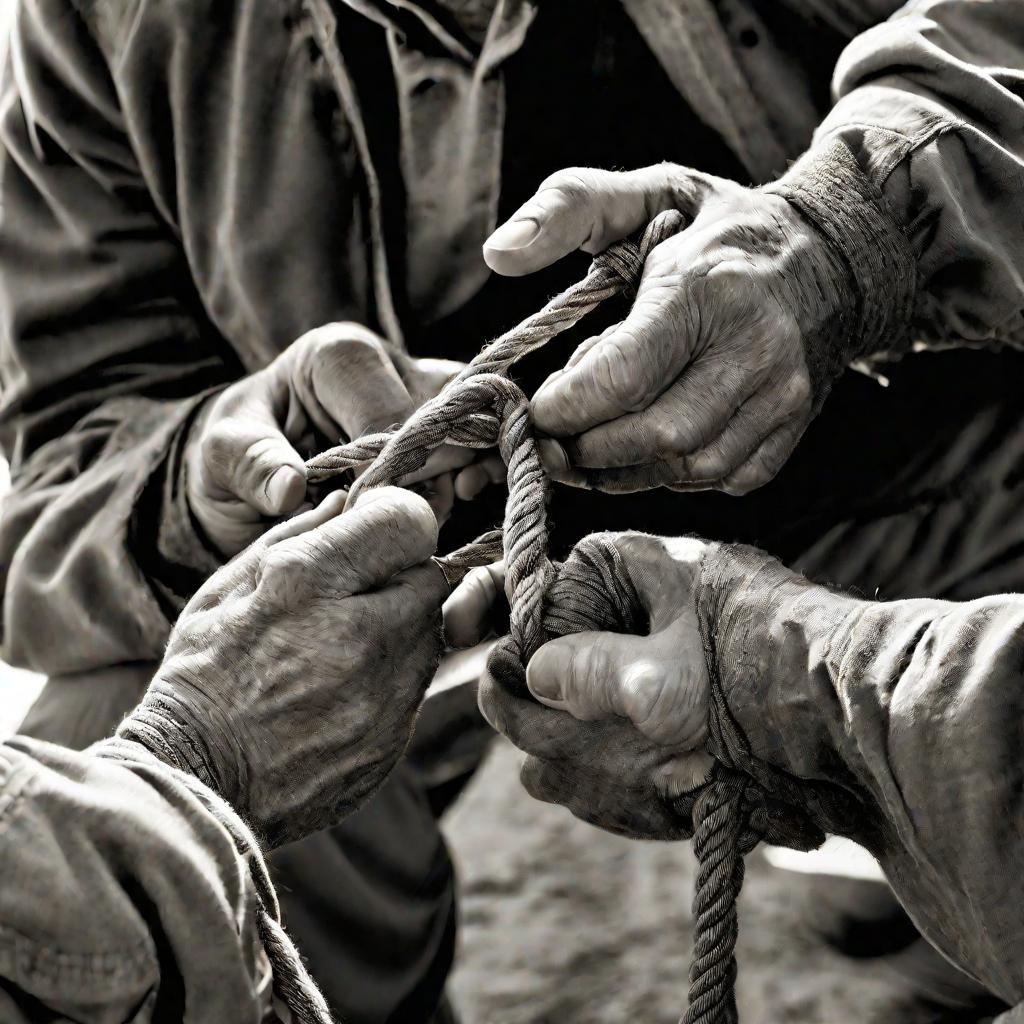 Руки вяжут рыболовный узел