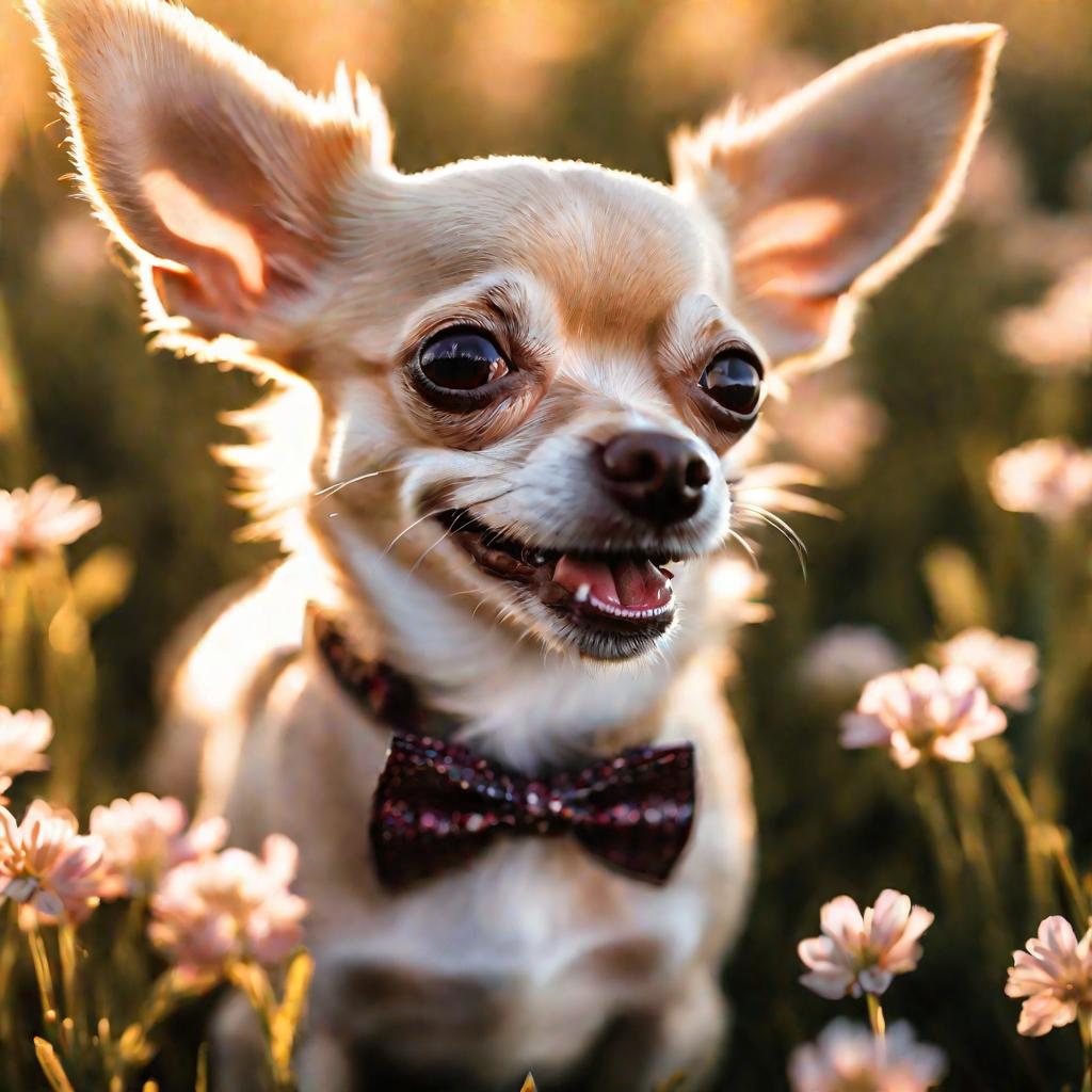 Вблизи щенок чихуахуа в галстуке смотрит в камеру в поле цветов