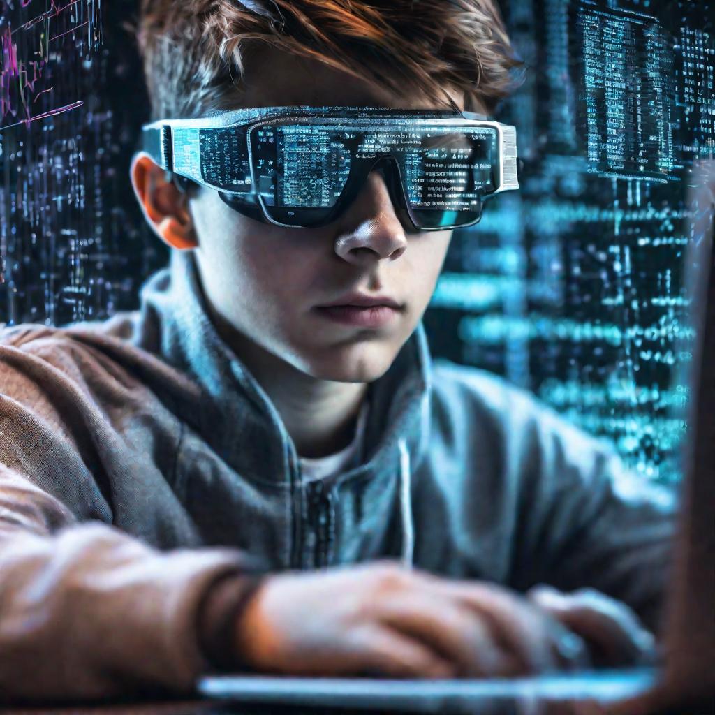 Портрет хакера в очках дополненной реальности
