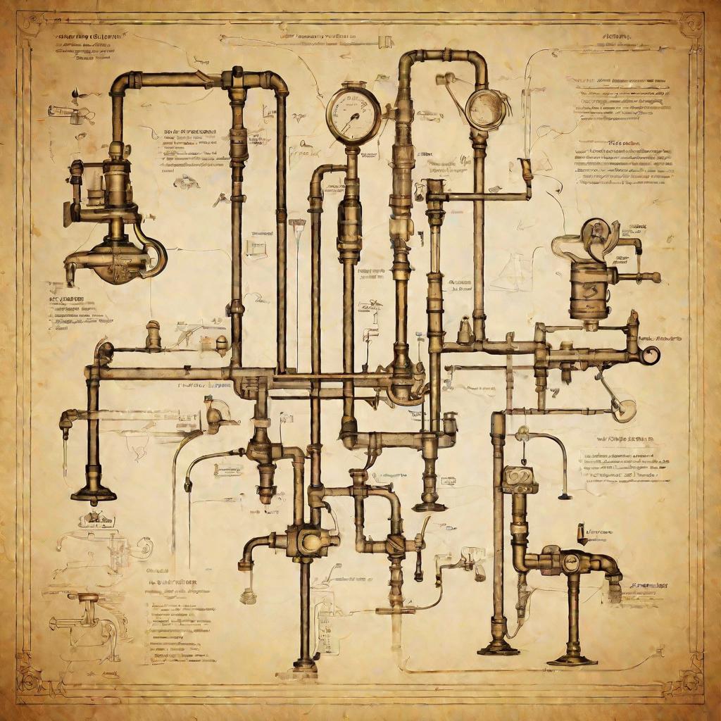 Гидравлическая схема с трубами, вентилями и надписями на бумаге