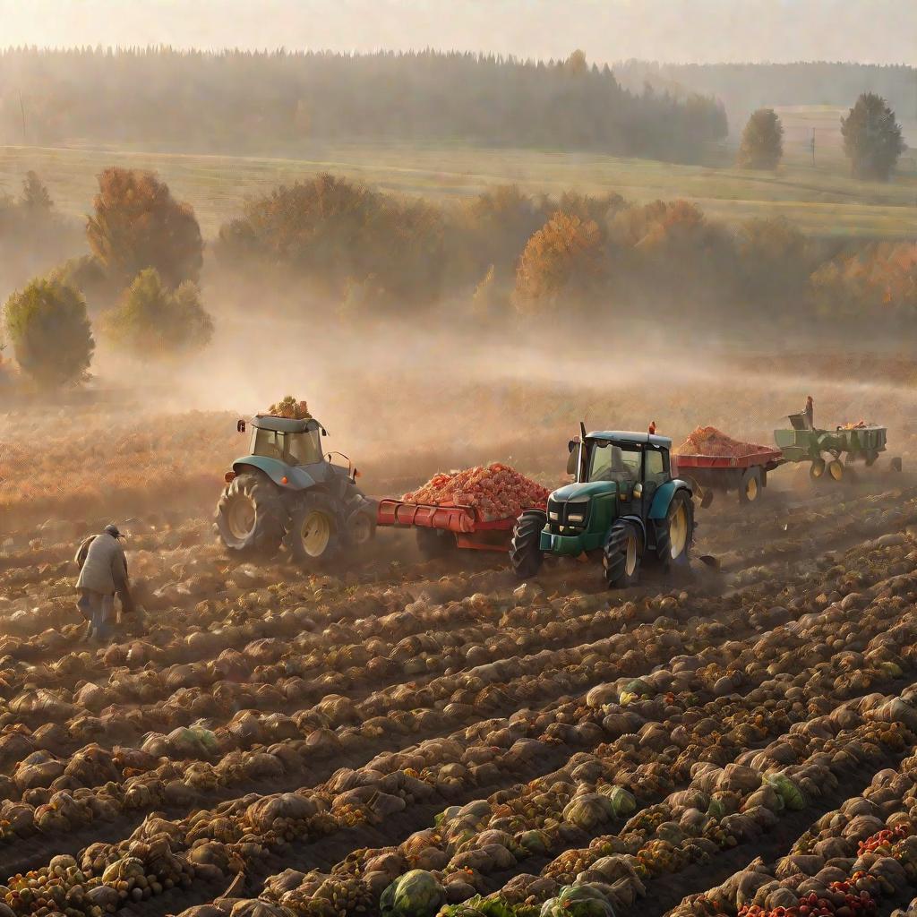 Сбор урожая овощей тракторами и вручную
