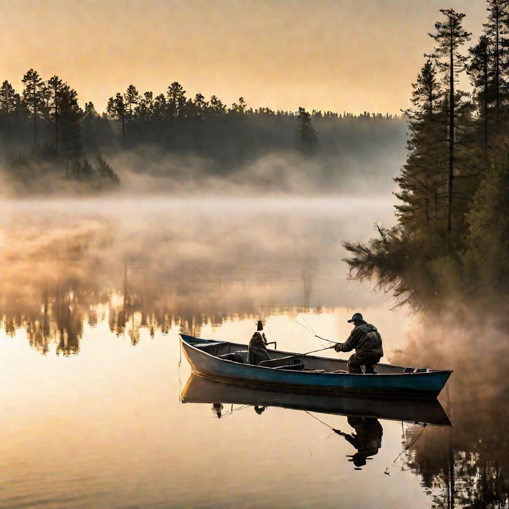 Рыболов на лодке на рассвете на озере