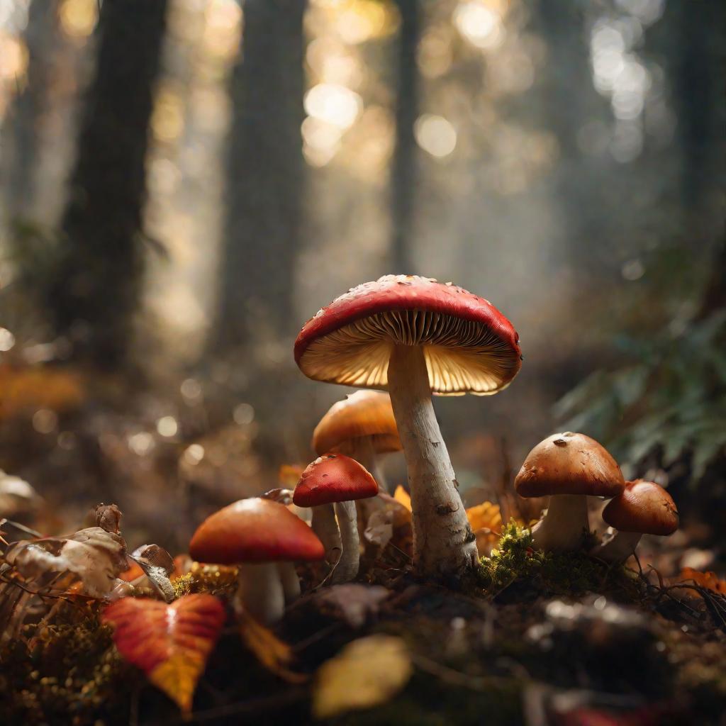 Разнообразные сезонные лесные грибы разбросаны в таинственном осеннем лесу с пробивающимися сквозь золотую и красную листву солнечными лучами, мягко поднимается туман и дым