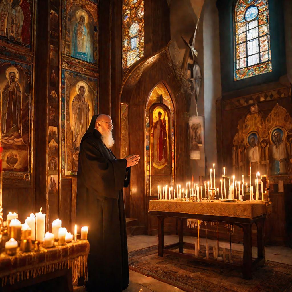 Православный священник молится в церкви