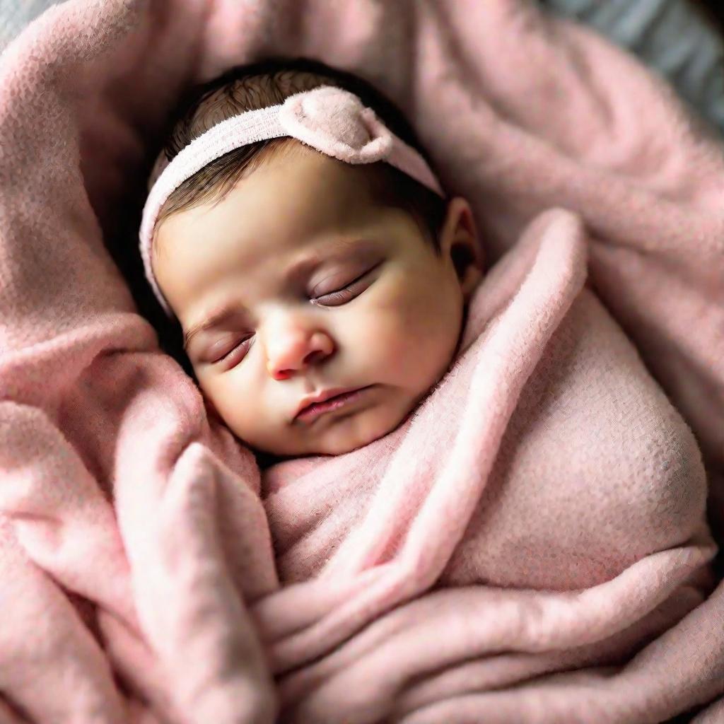 1-месячная девочка спокойно спит, завернутая в мягкое розовое одеяло, в детской комнате с мягким естественным освещением и плюшевой игрушкой