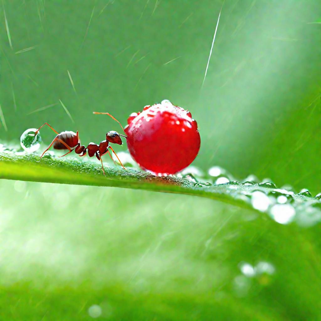 Муравей несет яркую красную ягоду по высокой мокрой траве
