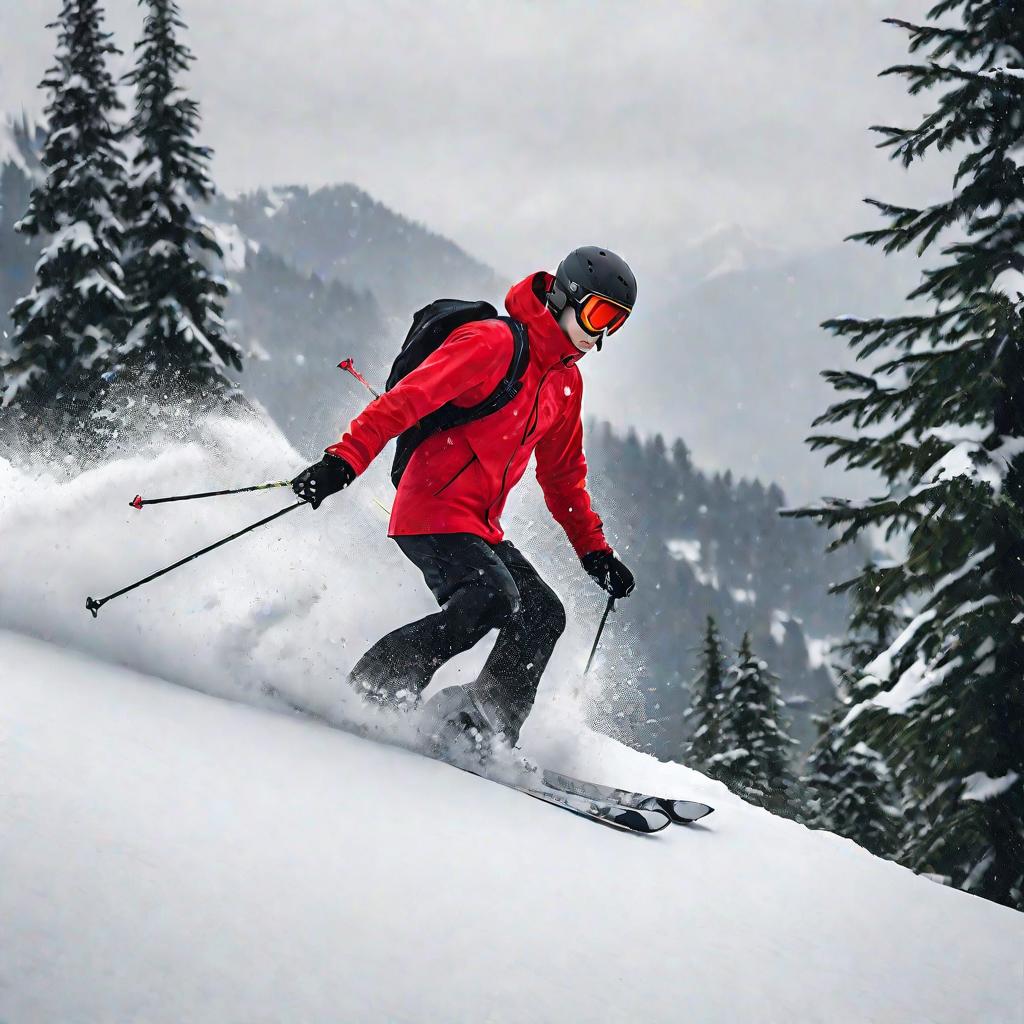 Лыжник, катящийся по крутому снежному склону горы, по обе стороны растут вечнозеленые деревья