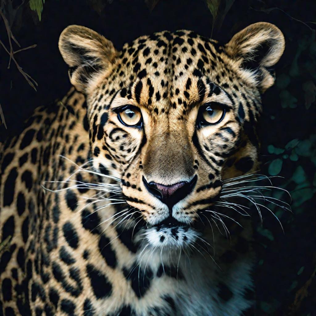 Крупный портрет дальневосточного леопарда ночью в лесу. Хищник пристально смотрит в камеру, его глаза сверкают в темноте. Шерсть пятнистая от теней и лунного света.