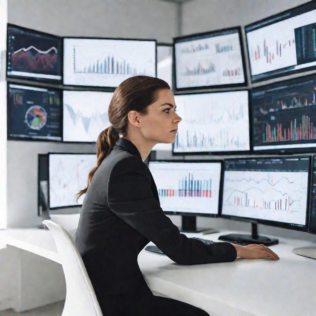Женщина-аналитик за компьютером в современном офисе.