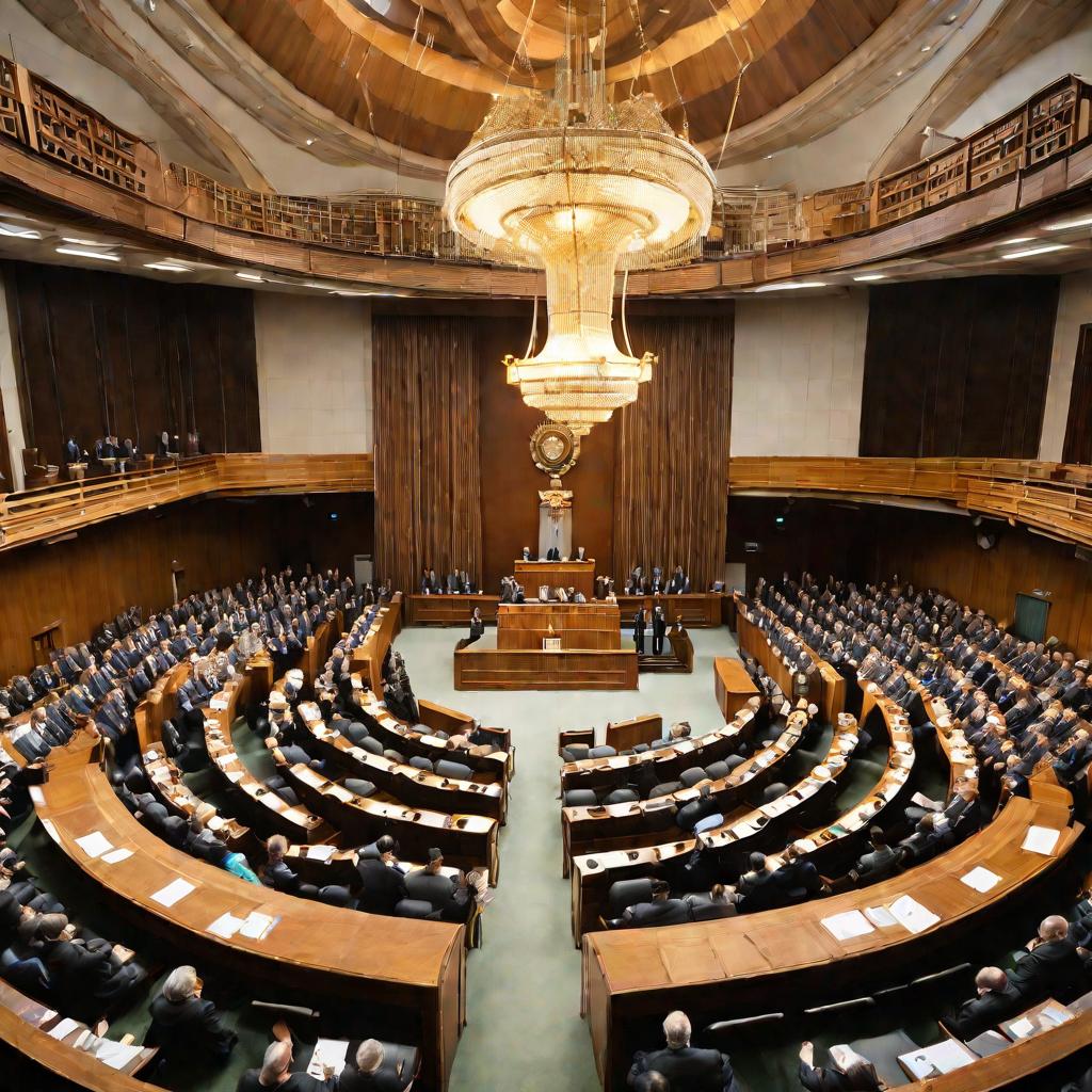 Немного наклоненный вид сверху на трибуну и собравшихся делегатов в большом законодательном зале с деревянной отделкой и пышной люстрой, иллюстрирующий функции представительного правительства.