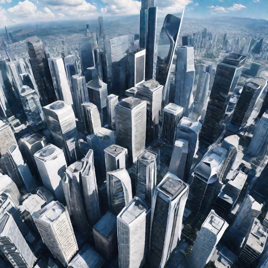 Вид сверху на большой современный город с высотными стеклянными небоскребами, в солнечный день с ясным голубым небом и белыми облаками, иллюстрирующий государственное управление и эффективное городское хозяйство.